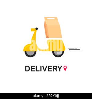 Livraison express à moto. Logo Motorcicle. Icône de service d'expédition rapide. Scooter avec boîte de produit. Illustration vectorielle isolée. Illustration de Vecteur