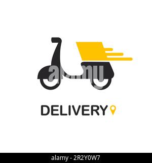 Livraison express à moto. Logo Motorcicle silhouette. Scooter avec boîte de produit. Icône de service d'expédition rapide. Illustration vectorielle isolée. Illustration de Vecteur
