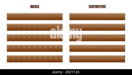 Différentes règles en bois réalistes avec échelle de mesure et divisions, marques de mesure. Règle scolaire, échelle en centimètres et en pouces pour la mesure de la longueur Illustration de Vecteur