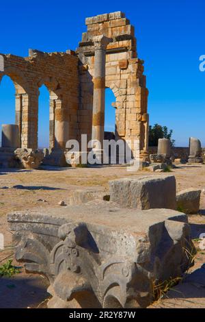 Volubilis, Mulay Idris, Meknes, ruines romaines de Volubilis, site du patrimoine mondial de l'UNESCO, Maghreb, Afrique du Nord, Maroc Banque D'Images