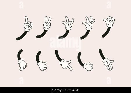 Les mains de dessin animé rétro se mettent en différents gestes montrant le signe OK, les doigts pointant, le pouce vers le haut, le signe Rock, le haut cinq. Bras Comic Vector en gants en 1930 S. Illustration de Vecteur