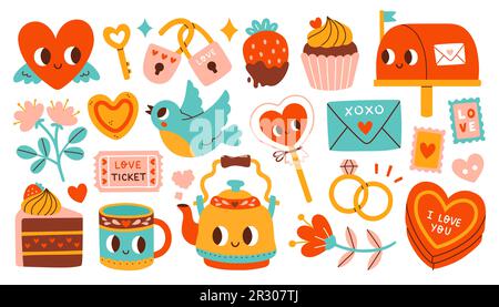 Ensemble mignon d'éléments romantiques pour la Saint-Valentin. Illustrations vectorielles pour la Saint-Valentin, autocollants, cartes de vœux Illustration de Vecteur