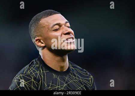 Paris, France. 21st mai 2023. Kylian Mbappe réagit lors du match de football de la Ligue 1 entre AJ Auxerre (AJA) et Paris Saint Germain (PSG) sur 21 mai 2023 au Stade Abbe Deschamps à Auxerre, France. Crédit : Victor Joly/Alamy Live News Banque D'Images
