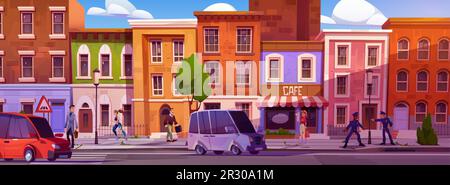 Illustration de la ville scandinave et du vecteur de circulation automobile. Bâtiment dans la rue de la ville et les gens sur le trottoir district panorama paysage urbain. Scène de jeux avec vue sur l'arrière-plan avec maison de ville européenne Illustration de Vecteur