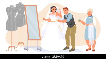 Adapter le maître prenant la mesure de la mariée pour la robe de mariage Illustration de Vecteur