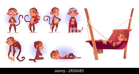 Ensemble de dessins animés de singes mignons isolés sur fond blanc. Illustration vectorielle de caractère animal drôle manger banane, sourire, allongé sur la branche, souffrir de maux de tête, dormir dans hamac, assis en colère Illustration de Vecteur