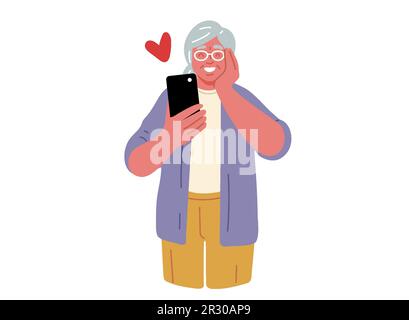 Femme senior regardant le téléphone mobile et sourire.Love Emotion.Vector Illustration Illustration de Vecteur