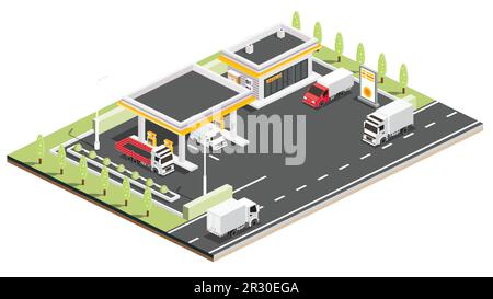 Station-service isométrique avec camions et fourgonnettes. Station de remplissage de pétrole. Élément d'infographie. Illustration vectorielle. 3D Bâtiment moderne et environnement. Illustration de Vecteur