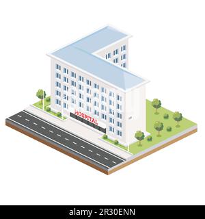 Bâtiment isométrique de l'hôpital. Icône ou élément infographique. Illustration vectorielle. Clinique de la ville. Symbole architectural isolé sur fond blanc. Illustration de Vecteur