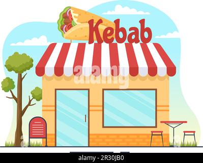 Illustration vectorielle Kebab avec farce de poulet ou de viande de bœuf, salade et légumes dans du pain tortilla envelopper dans un dessin main de dessin de dessin animé plat Illustration de Vecteur