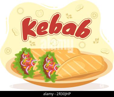 Illustration vectorielle Kebab avec farce de poulet ou de viande de bœuf, salade et légumes dans du pain tortilla envelopper dans un dessin main de dessin de dessin animé plat Illustration de Vecteur