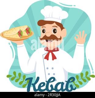 Illustration vectorielle Kebab avec farce de poulet ou de viande de bœuf, salade et légumes dans du pain tortilla envelopper dans un dessin main de dessin de dessin animé plat Illustration de Vecteur