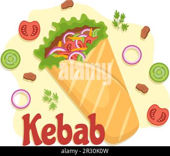 Illustration vectorielle Kebab avec farce de poulet ou de viande de bœuf, salade et légumes dans du pain tortilla envelopper dans un dessin main de dessin de dessin animé plat Illustration de Vecteur