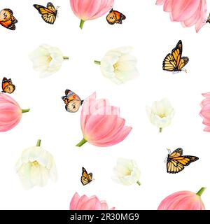 Aquarelle représentant de magnifiques fleurs de tulipes blanches et roses et de papillons volants sur fond blanc. Fleurs de luxe dessinées à la main Banque D'Images