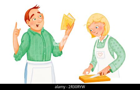 Deux adultes (mari et femme) préparent le dîner ou le déjeuner. Une maman douce et souriante coupe des légumes. Papa est en train de lire un livre de cuisine. Un homme et une femme Banque D'Images