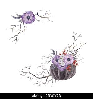 Couronne ronde à la citrouille noire et à l'anémone de purpule, aux baies de rosehip, aux feuilles de violet de crépuscule et aux branches d'arbre. Illustration aquarelle d'automne. Automne Banque D'Images