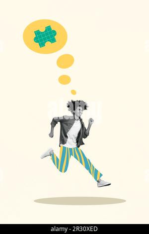 Collage créatif illustration de jeunes hommes réflexions sur les innovations puzzle idée en cours veulent partager l'invention isolée sur fond gris Banque D'Images