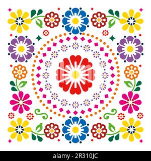 Motif floral éclatant de style art folklorique mexicain carré vectoriel - carte de vœux ou motif invitation, Illustration de Vecteur