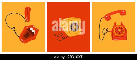Ensemble de trois dessins animés rétro divers téléphones. Communication vector device.icônes rétro dessinées à la main de style vintage. Illustration vectorielle de 1990s à 1880s symboles Illustration de Vecteur