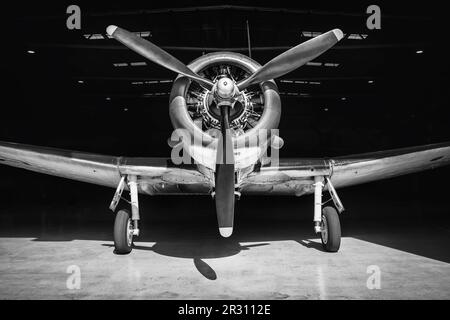 avion historique dans un hangar Banque D'Images