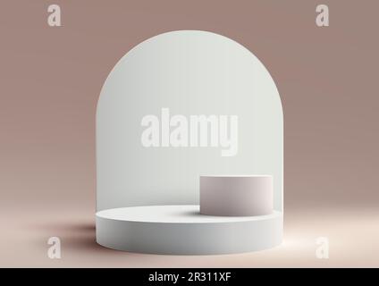 3D podium blanc de style moderne et réaliste avec fond géométrique blanc arrondi sur fond beige. Vous pouvez utiliser pour la maquette de présentation de produit, Illustration de Vecteur