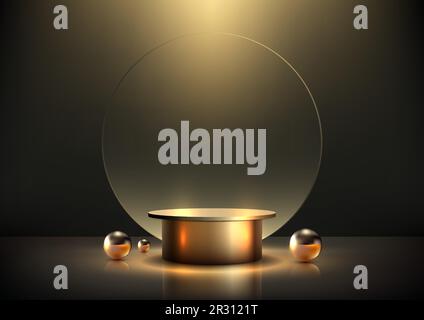 3D style de luxe moderne et réaliste podium doré vide avec décor de fond de cercle de verre transparent avec boules d'or sur fond noir et d'éclairage Illustration de Vecteur