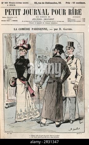 Caricature française, deux hommes habilement habillés regardant une belle femme marcher, le petit Journal pour rire - Bigre ! elle n'a pas les yeux dans sa poche ! - Sur le plutôt qu'elle les a dans la nôtre. - Biggie! elle n'a pas les yeux dans sa poche! - Il semble plus comme elle les a dans le nôtre. Banque D'Images