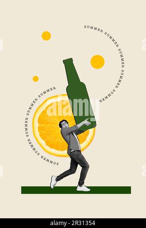 Image verticale collage image bannière de fou funky gars tenir grande bouteille cognac tequila isolé sur fond blanc couleur peinture Banque D'Images