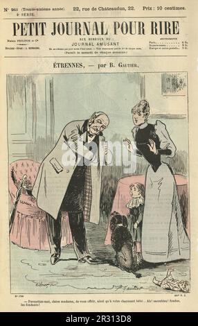 Illustration vintage, dessin animé de l'homme offrant des bonbons de sa poche à une femme et une fille, français, 1890s, 19th siècle. Étrennes. Permettez-moi, chère madame, de vous offenr, mais vous avez un mot à dire... Ah ! sacrebleu ! fond, les fondants ! Nouvelle année. Permettez-moi, chère Madame, de vous offrir, ainsi que votre charmant bébé... Ah ! c'est génial ! fondus, fondants ! Banque D'Images