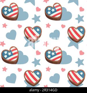 4th de juillet, jour de l'indépendance des États-Unis d'Amérique célébration thème fond vectoriel sans couture, fait de coeur en forme de cookies illustrations Illustration de Vecteur