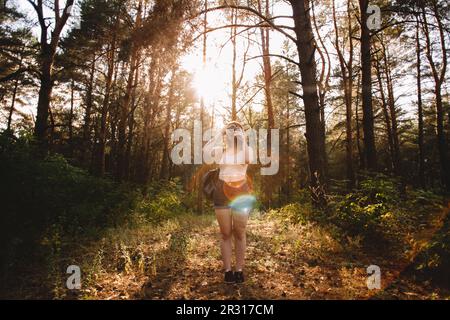 Femme voyageur photographiant avec un appareil photo en forêt Banque D'Images