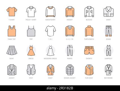 Ensemble d'icônes de la ligne de vêtements. Robe, polo, jeans, manteau d'hiver, pantalons de veste, jupe illustrations vectorielles minimales. Des panneaux de présentation simples pour la mode Illustration de Vecteur