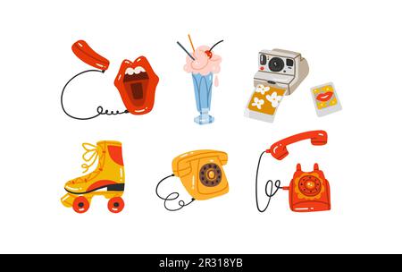 Ensemble de dessin animé rétro d'été 80s-90 éléments de snostalgia. Ensemble de collection Icons rétro dessinés à la main avec téléphones rétro, patins à roulettes, glace et vintage Illustration de Vecteur