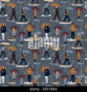 Illustration vectorielle des personnes sous la pluie. Ambiance d'automne. Style rétro tendance bleu. Motif de chute sans couture. Illustration de Vecteur