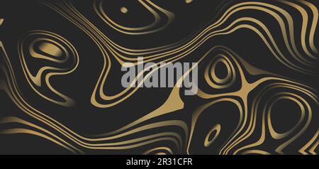 Motif de texture marbrure liquide dorée. Art au trait abstrait élégant sur fond noir. Lignes ondulées et tourbillons dorés dessinés à la main de luxe. Rayure brillante Illustration de Vecteur