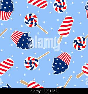 Petits gâteaux sucrés, sucettes, glace pour 4th juillet USA Happy Independence Day. Motif de dessin animé plat sans couture Illustration de Vecteur