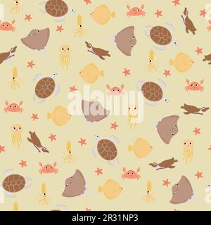 Motif vectoriel sans couture avec poisson-devilfish, crabe, méduse, flunder, calmar, pingouin.créatures de dessin animé sous-marin.fond marin.joli motif océan pour Illustration de Vecteur