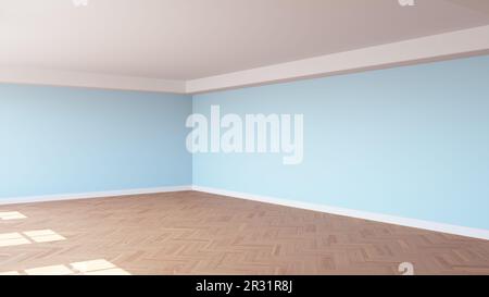 Coin de l'intérieur ensoleillé avec murs bleu clair, plafond blanc et cornice, parquet brillant à chevrons et Plinth blanc. Concept de chambre non meublée. Rendu 3D, 8K Ultra HD, 7680 x 4320 Banque D'Images