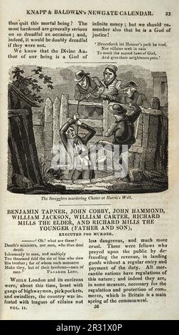 Page du calendrier de Newgate, les contrebandiers assassinent Chater l'agent de la Chambre des douanes, à Harris's Well 1748, History of crime, Vintage illustration, Benjamin Tapner, John Cobby, John Hammond, Richard Mills, Richard Mills, William Jackson, William carter Banque D'Images