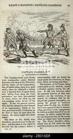 Page du calendrier de Newgate, le capitaine Innis a été tué dans un duel par le capitaine Clarke, dueling au pistolet du 18th siècle, Histoire du crime, illustration ancienne Banque D'Images