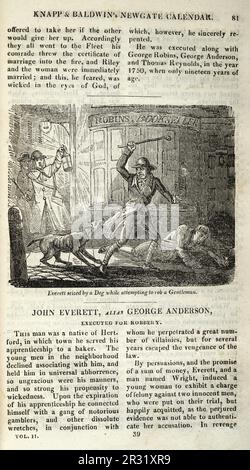 Page du calendrier de Newgate, chien attaquant John Everett alors qu'il essayait un vol de rue contre un gentleman, 18th siècle, Histoire du crime, Vintage illustration Banque D'Images