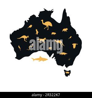 Silhouette de carte Vector Australia avec animaux isolés sur fond blanc Illustration de Vecteur