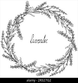 Couronne de lavande avec feuilles et fleurs. Décoration de fleurs vintage Vector pour le design, le mariage, l'impression Illustration de Vecteur