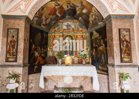 Retable Baroque, 1622, conçu par Francesc Ferrer, oratoire, Alaro, château, 14ème siècle, Majorque, Iles Baléares, Espagne. Banque D'Images