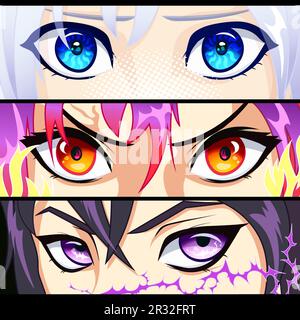 Yeux des filles et des garçons avec superpouvoirs dans le style manga. Image vectorielle des yeux et effets de la foudre, du feu, de la glace. Image vectorielle des yeux et des sourcils, s Illustration de Vecteur