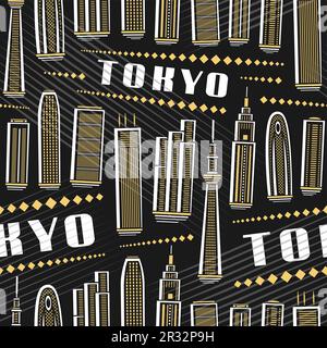 Vector Tokyo Seamless Pattern, fond carré répété avec illustration du célèbre paysage de la ville asiatique de tokyo sur fond sombre pour papier d'emballage, déco Illustration de Vecteur