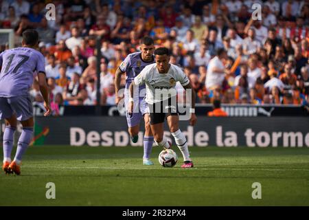 Valence, Espagne. 21st mai 2023. Justin Kluivert de Valencia CF en action pendant le titre: La Liga Santander saison régulière Round 35 au stade Mestalla. (Notes finales; Valencia CF 1:0 Real Madrid). Crédit : SOPA Images Limited/Alamy Live News Banque D'Images