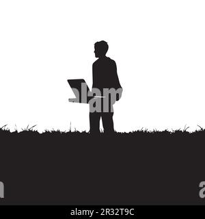 Silhouette d'une personne avec un ordinateur portable devant un fond blanc. Illustration de Vecteur