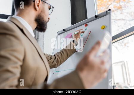 vue en contre-plongée d'un homme d'affaires barbu dans un blazer beige, avec un smartphone flou et des graphiques sur un tableau de conférence, tout en effectuant des analyses d'entreprise en o Banque D'Images