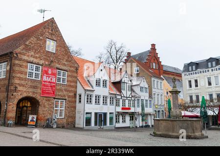 Flensburg, Allemagne - 9 février 2017 : vue sur la vieille ville de Flensburg avec la fontaine Neptune à Nordermarkt, en hiver Banque D'Images